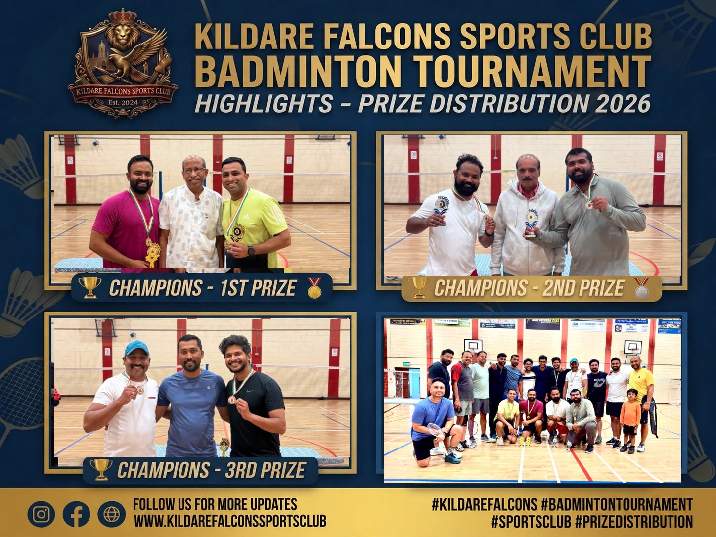 Kildare Falcons badminton tournament prize distribution — 1st, 2nd and 3rd prize champions and the full squad